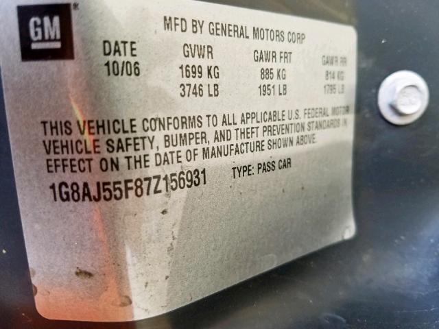 1G8AJ55F87Z156931 - 2007 SATURN ION LEVEL MAROON photo 10
