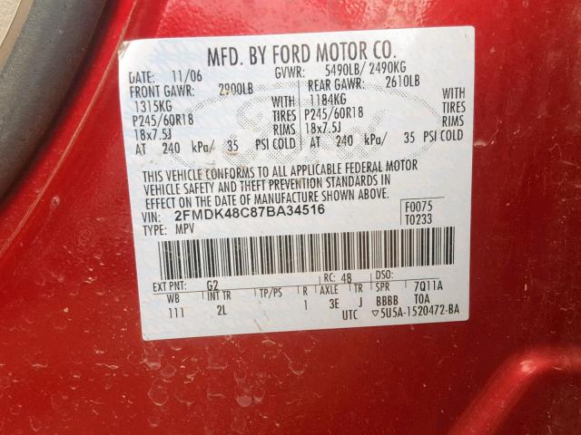 2FMDK48C87BA34516 - 2007 FORD EDGE SEL RED photo 10