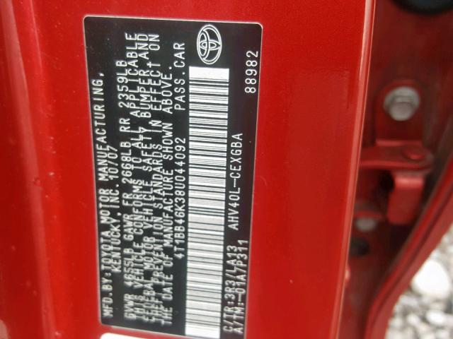 4T1BB46K38U044092 - 2008 TOYOTA CAMRY HYBR RED photo 10