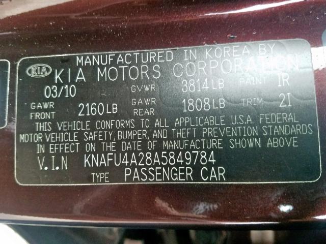 KNAFU4A28A5849784 - 2010 KIA FORTE EX BURGUNDY photo 10