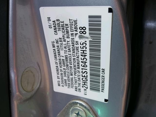 2HGES16454H552788 - 2004 HONDA CIVIC DX GRAY photo 10