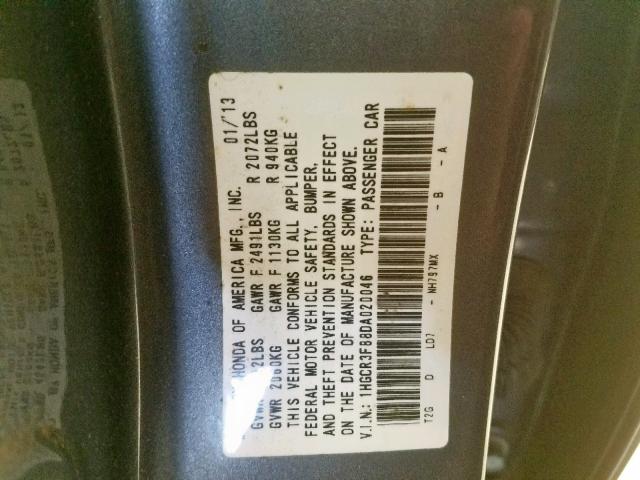 1HGCR3F88DA020046 - 2013 HONDA ACCORD EXL GRAY photo 10