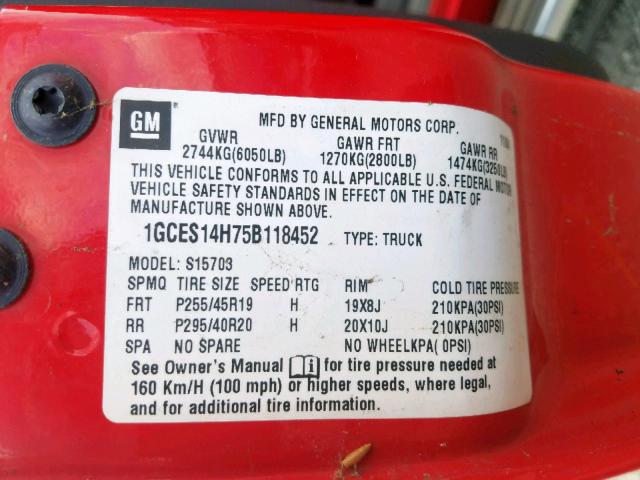 1GCES14H75B118452 - 2005 CHEVROLET SSR 红色 照片 10