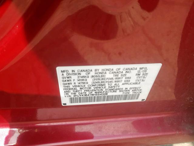 2HJYK16476H554326 - 2006 HONDA RIDGELINE RED photo 10