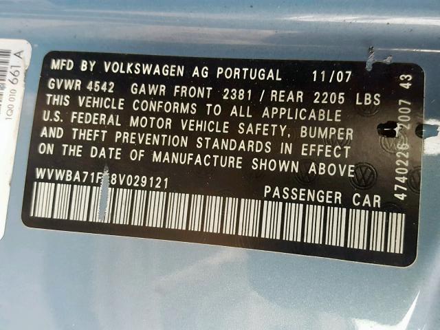 WVWBA71F18V029121 - 2008 VOLKSWAGEN EOS TURBO BLUE photo 10