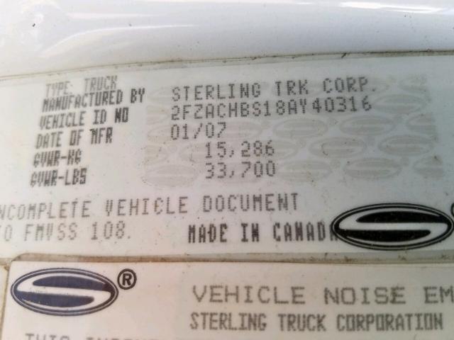 2FZACHBS18AY4031X - 2008 STERLING TRUCK ACTERRA WHITE photo 10