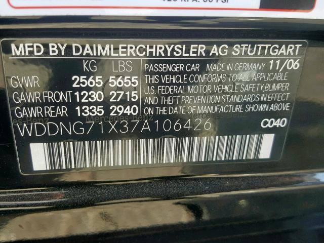 WDDNG71X37A106426 - 2007 MERCEDES-BENZ S 550 BLACK photo 10