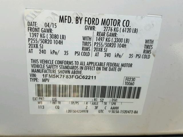 1FM5K7F83FGC62211 - 2015 FORD EXPLORER L WHITE photo 10