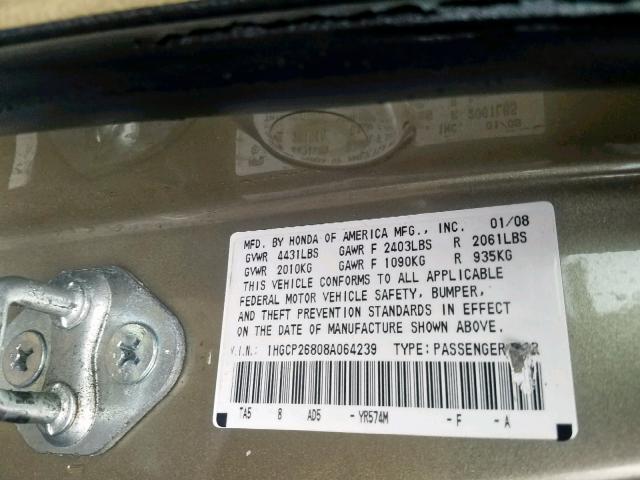 1HGCP26808A064239 - 2008 HONDA ACCORD EXL BEIGE photo 10