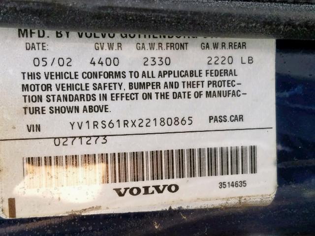 YV1RS61RX22180865 - 2002 VOLVO S60 BLUE photo 10