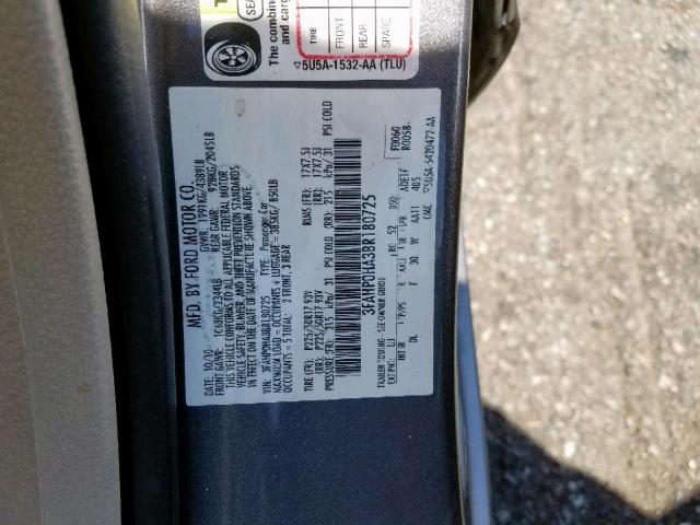 3FAHP0HA3BR180725 - 2011 FORD FUSION SE GRAY photo 10