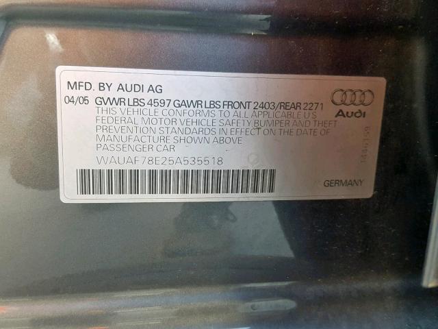 WAUAF78E25A535518 - 2005 AUDI A4 2.0T GRAY photo 10