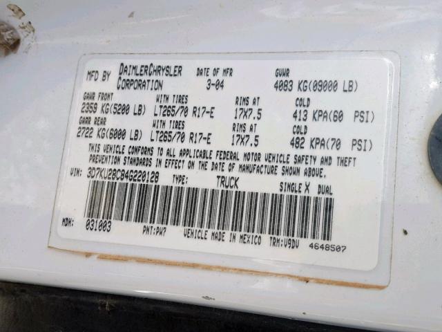 3D7KU28C84G220128 - 2004 DODGE RAM 2500 S WHITE photo 10