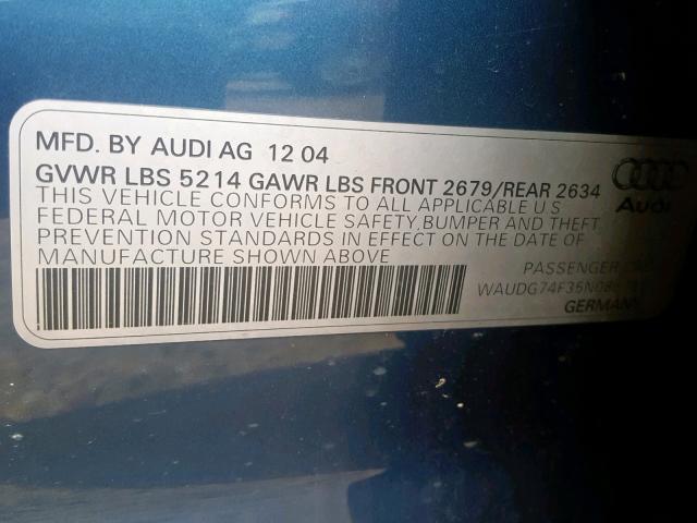 WAUDG74F35N085735 - 2005 AUDI A6 3.2 QUA BLUE photo 10