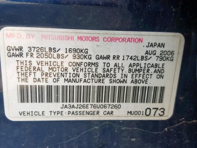 JA3AJ26E76U067260 - 2006 MITSUBISHI LANCER ES BLUE photo 10