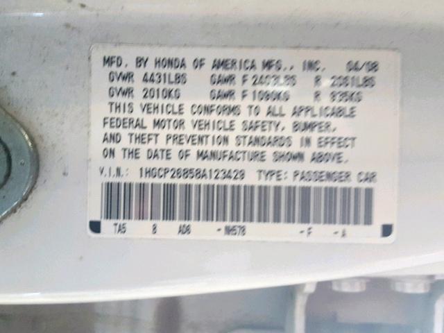 1HGCP26858A123429 - 2008 HONDA ACCORD EXL WHITE photo 10