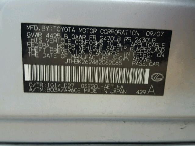 JTHBK262482062085 - 2008 LEXUS IS 250 SILVER photo 10