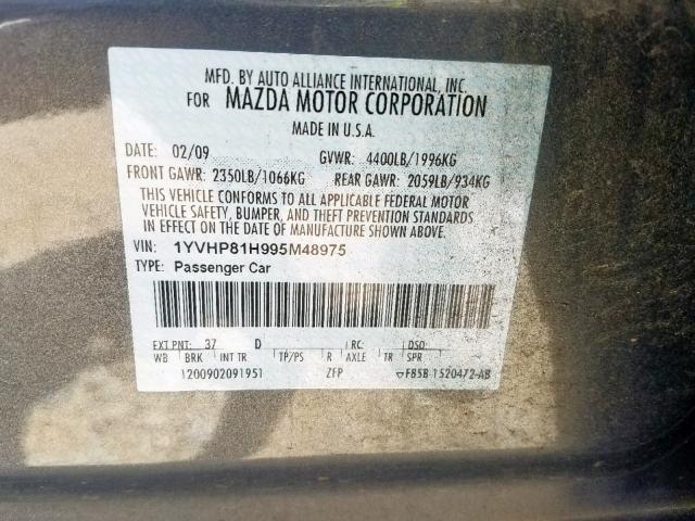 1YVHP81H995M48975 - 2009 MAZDA 6 I GRAY photo 10