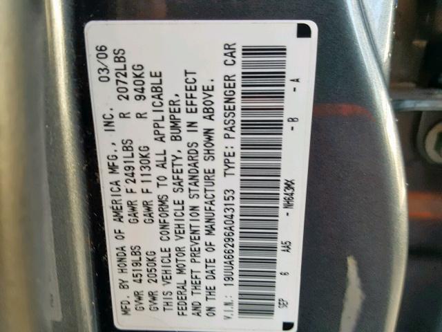 19UUA66296A043153 - 2006 ACURA 3.2TL GRAY photo 10