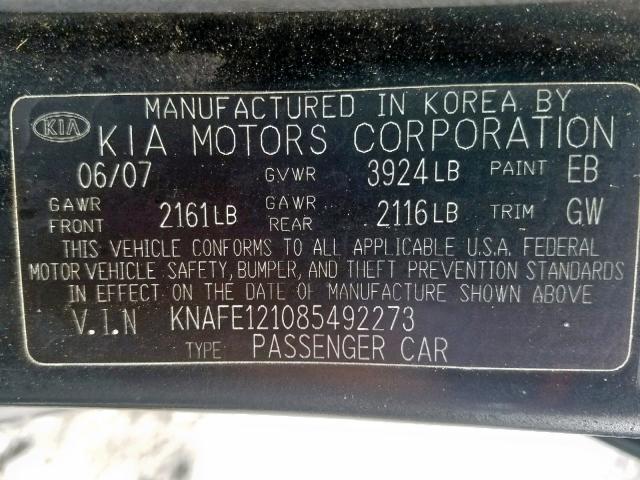 KNAFE121085492273 - 2008 KIA SPECTRA EX BLACK photo 10