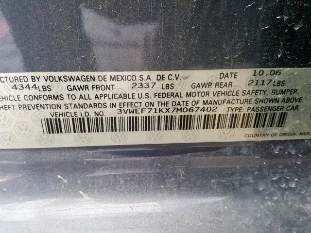 3VWEF71KX7M067402 - 2007 VOLKSWAGEN JETTA WOLF GRAY photo 10