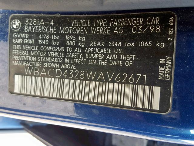 WBACD4328WAV62671 - 1998 BMW 328 I AUTO BLUE photo 10