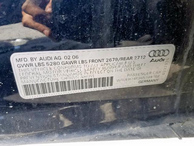 WAUEH74F36N148108 - 2006 AUDI A6 S-LINE BLUE photo 10