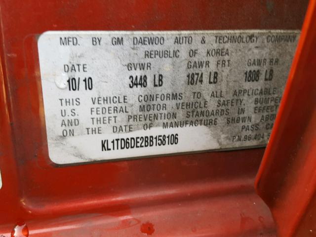 KL1TD6DE2BB158106 - 2011 CHEVROLET AVEO LS RED photo 10