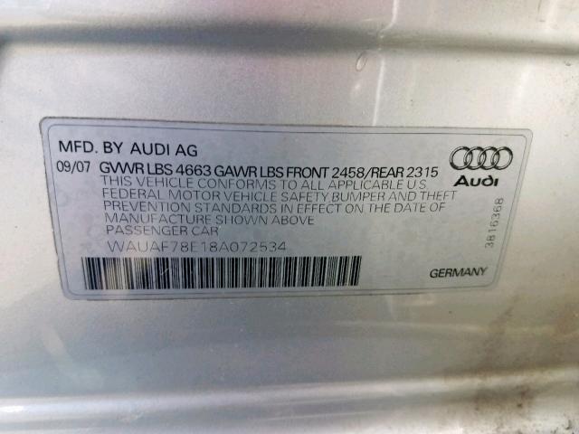 WAUAF78E18A072534 - 2008 AUDI A4 2.0T SILVER photo 10