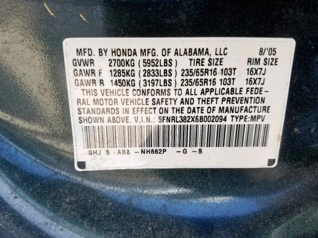 5FNRL382X6B002094 - 2006 HONDA ODYSSEY LX GRAY photo 10