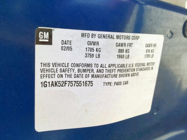 1G1AK52F757551675 - 2005 CHEVROLET COBALT BLUE photo 10