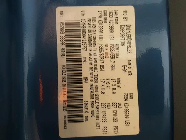 1D4HB48DX4F215757 - 2004 DODGE DURANGO SL BLUE photo 10