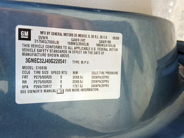 3GNEC32J49G228541 - 2009 CHEVROLET AVALANCHE BLUE photo 10