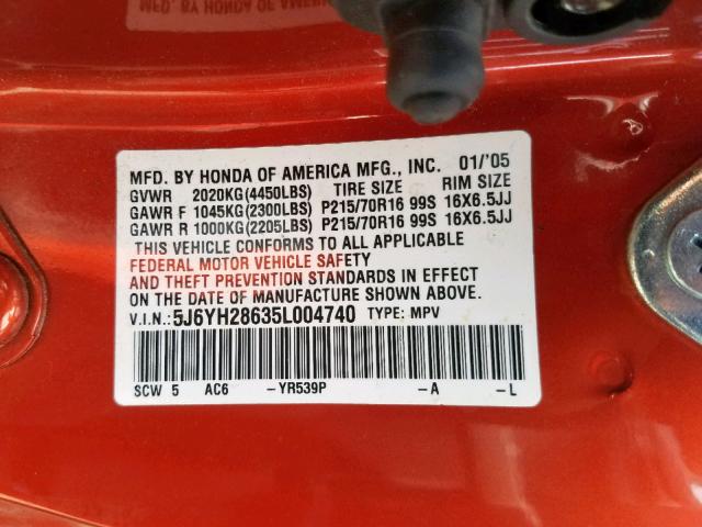 5J6YH28635L004740 - 2005 HONDA ELEMENT EX ORANGE photo 10