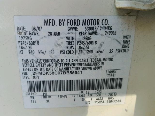 2FMDK38C07BB55941 - 2007 FORD EDGE SEL WHITE photo 10