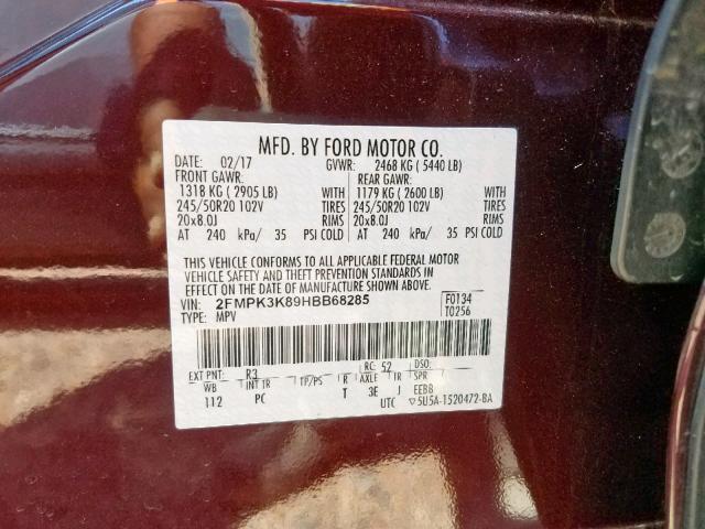 2FMPK3K89HBB68285 - 2017 FORD EDGE TITAN BURGUNDY photo 10