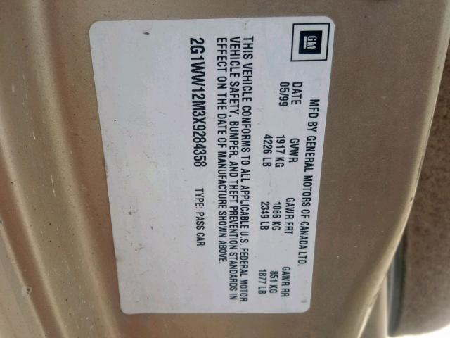 2G1WW12M3X9284358 - 1999 CHEVROLET MONTE CARL ოქროსფერი ფოტო 10