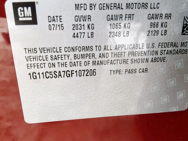 1G11C5SA7GF107206 - 2016 CHEVROLET MALIBU LIM 勃艮第红 照片 10