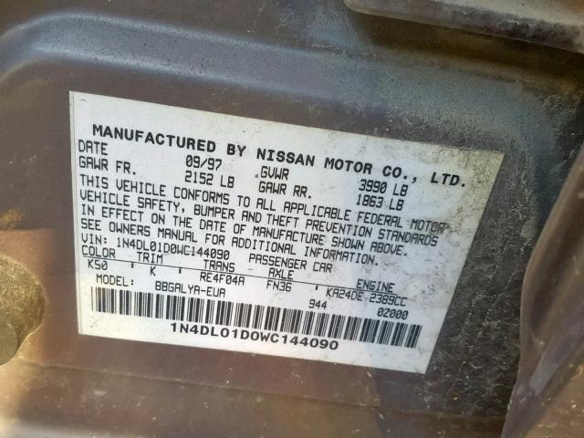 1N4DL01D0WC144090 - 1998 NISSAN ALTIMA XE CHARCOAL photo 10