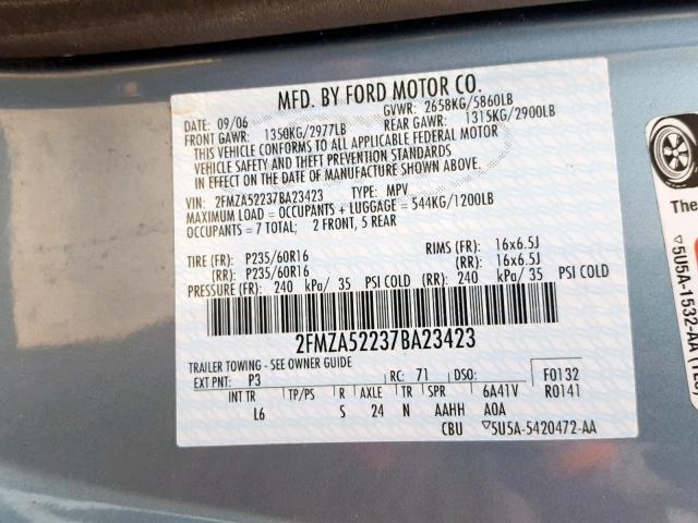 2FMZA52237BA23423 - 2007 FORD FREESTAR S BLUE photo 10