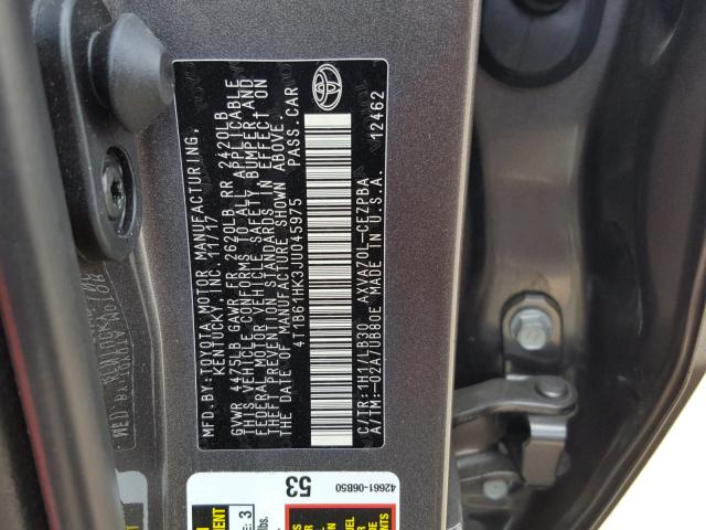 4T1B61HK3JU045975 - 2018 TOYOTA CAMRY XSE GRAY photo 10