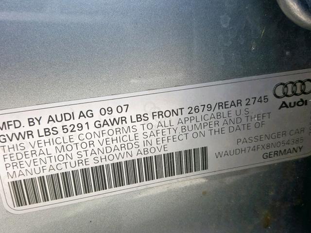 WAUDH74FX8N054385 - 2008 AUDI A6 3.2 QUA GRAY photo 10