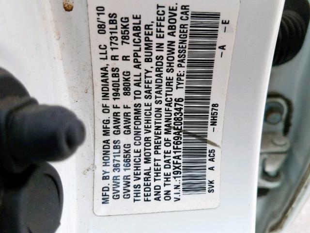 19XFA1F69AE083476 - 2010 HONDA CIVIC LX-S Ağ foto 10