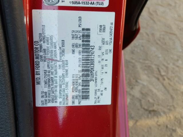 3FAHP0KC8BR124743 - 2011 FORD FUSION SPO RED photo 10