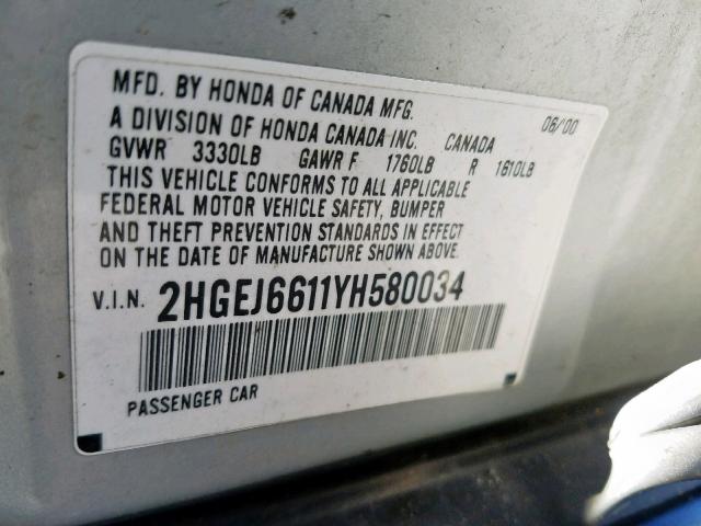 2HGEJ6611YH580034 - 2000 HONDA CIVIC BASE SILVER photo 10