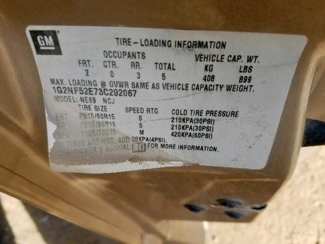 1G2NF52E73C292067 - 2003 PONTIAC GRAND AM S TAN photo 10