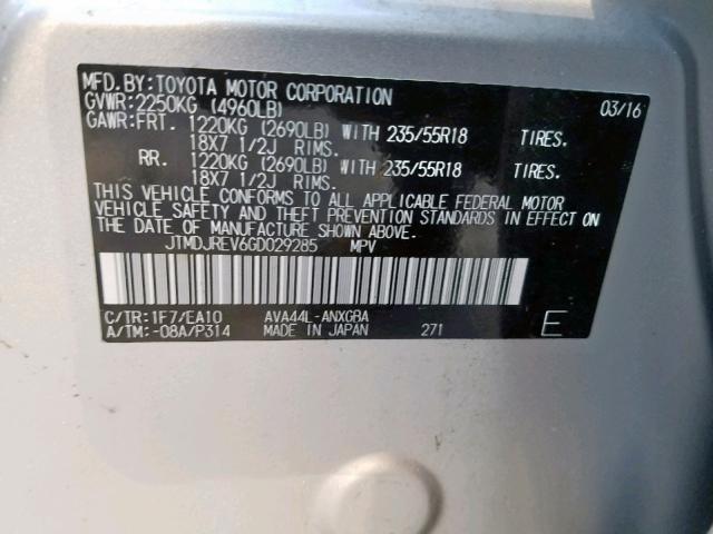 JTMDJREV6GD029285 - 2016 TOYOTA RAV4 HV LI SILVER photo 10