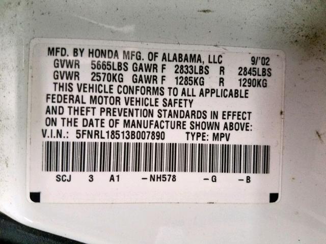 5FNRL18513B007890 - 2003 HONDA ODYSSEY LX WHITE photo 10