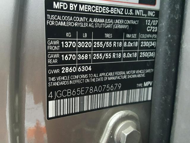 4JGCB65E78A075679 - 2008 MERCEDES-BENZ R 350 SILVER photo 10