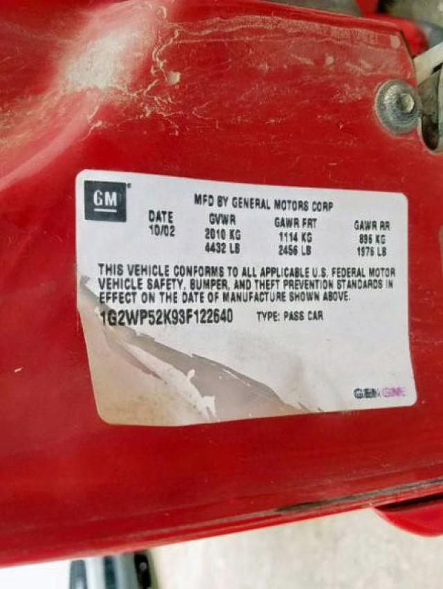 1G2WP52K93F122640 - 2003 PONTIAC GRAND PRIX RED photo 10